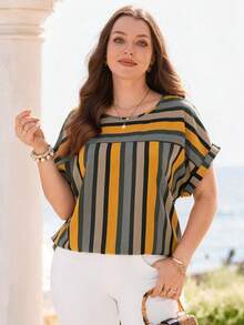Rosumi Damen Große Größen Sommer Lässig Urlaub gestreifter Patchwork Rundhals Kurzarm Bluse - Verschiedenfarbig - Übersicht 1