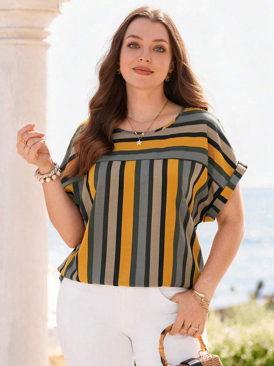 Rosumi Damen Große Größen Sommer Lässig Urlaub gestreifter Patchwork Rundhals Kurzarm Bluse - Verschiedenfarbig - Übersicht 1