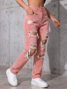 SHEIN ICON 纯色做旧斜插口袋休闲直筒牛仔裤 - 珊瑚粉 - 查看 6