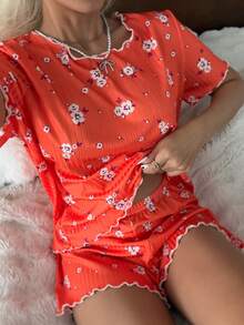 CottageSlumber Conjunto de pijama de manga corta y pantalones cortos de punto acanalado con estampado floral para mujer - Naranja - Ver 5