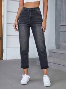 Slaydiva Plus Size Women High Waist Pocketed Tapered Casual Jeans - Black - View 4