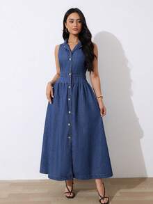 SHEIN Tall Vestido midi de mezclilla con botones y sin mangas con cuello para mujer alta de SHEIN, atuendos casuales, elegantes y de uso diario para mujeres en verano - Azul lavado oscuro - Ver 7