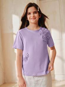 Anewsta Purple Girls' 3D Floral Decor Round Neck Short Sleeve Knit T-Shirt - Purple - View 4