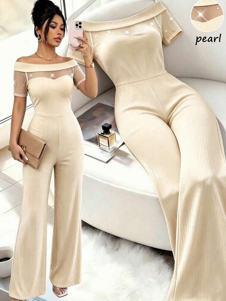 Elenzga Bộ jumpsuit nữ thanh lịch, thoải mái, trễ vai, chất liệu lưới, đính hạt cườm. - Màu be - Xem 1