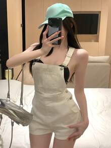 DAZY 复古水洗白色音乐节情人节休闲街头户外短裤，女士牛仔背带裤，春夏Y2K风格 - 白色 - 查看 12