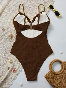 Swim Vcay Women's Textured Fabric Front Drawstring One-Piece Swimsuit, Suitable For Summer Beach Vacation - Brown - View 2