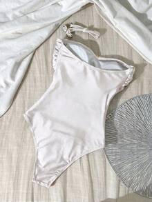 Swim Chiccia 1件純色布料搭配金屬裝飾設計，優雅性感女款連身泳衣 - 白色 - 查看 2
