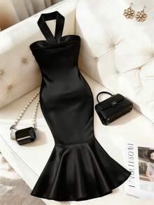 RosyDaze Vestido formal de satén estilo sirena con escote halter para mujer, con hebilla cuadrada de metal con piedras rhinestone en el cuello y cinta a juego, adecuado para ocasiones formales/semiformales como galas, fiestas, bodas, citas - Negro - Ver 2