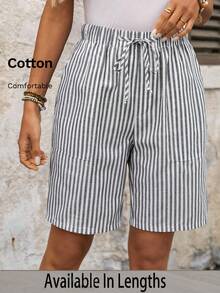 SHEIN PETITE CURVE 大码条纹印花扭结口袋休闲阔腿短裤 - 彩色 - 查看 1
