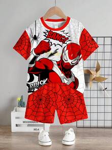 2pcs/Set Young Boy Casual T-Shirt And Shorts Set,Red And Black Spider Hero Pattern Print,Graphic Tee Summer Outfit,Summer,Family Matching Boys Outfit - Multicolor - View 2