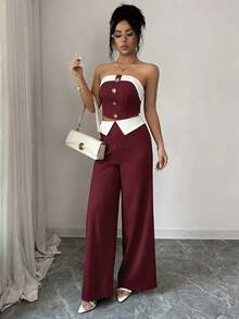 Elenzga Women's Burgundy 2-Piece Set,Elegant Off Shoulder Metal Buckle Top And Wide Leg Pants,Summer Party Evening Holiday,New Year Christmas Valentine Wear - Red - View 5