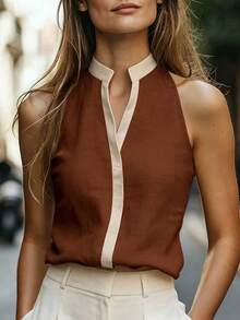 EMERY ROSE Áo không tay cổ phối màu tương phản dành cho nữ - màu nâu - Xem 3