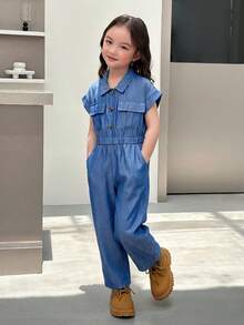 SHEIN Little Byeori 女童纯色梭织连体裤，翻领，短款纽扣门襟，双口袋，卡其色，适合女童穿着。 - 藍色 - 查看 3