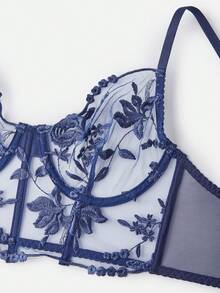 Bella Beso 海軍藍花卉刺繡性感半透明女款內衣 夏季適用 - 查看 4