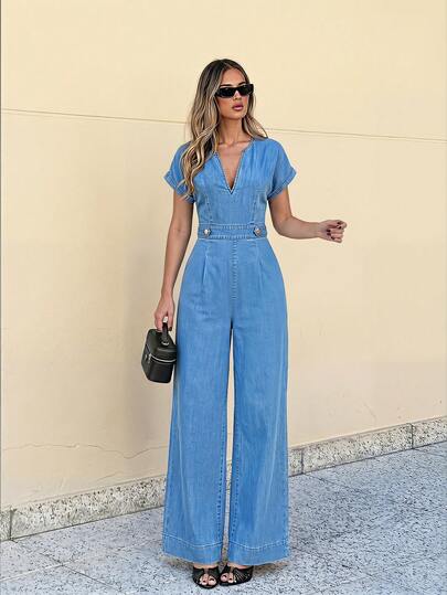 Selenza Women's Summer Casual Notch Collar Button Decor Denim Jumpsuit