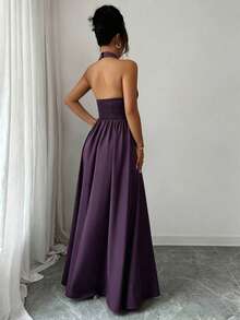 Rafferiza Elegante vestido sin mangas con cuello en V, diseño hueco en la cintura y pliegues, color morado, nueva llegada de primavera/verano - Bold Plum - Ver 7