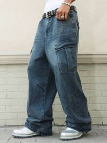Manfinity EMRG Denim Cargo de Estilo Casual Unissex com Ajuste Folgado e Vários Bolsos - Azul - Visão 5