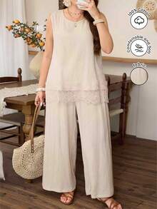 Lacomfia 2pcs Plus Size Women Summer Set, Minimalist Boho Round Neck With Decorative Hem Splice And 3D Floral Trim Vacation Beige - Apricot - View 1