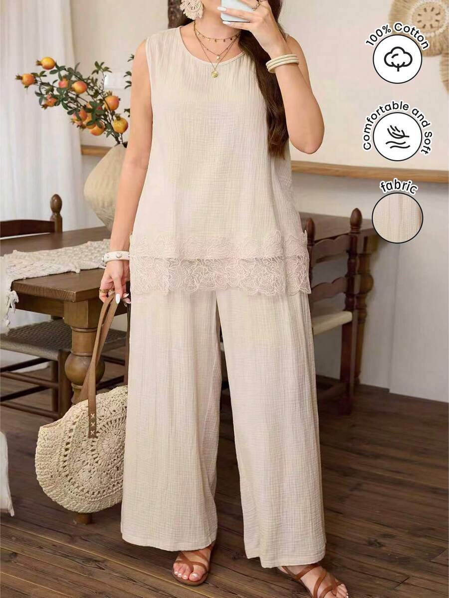 Lacomfia 2pcs Plus Size Women Summer Set, Minimalist Boho Round Neck With Decorative Hem Splice And 3D Floral Trim Vacation Beige - Apricot - View 1