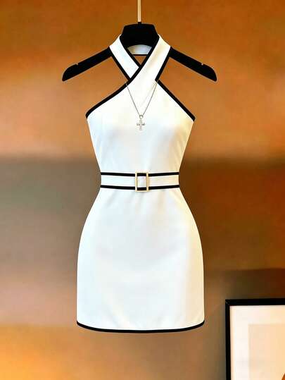 SHEIN Franclia Summer Elegant Halter Waist Tie Dress, Women's Cinched Waist Dress, Business/Casual Occasion Dress, Elegant Short Dress For Women