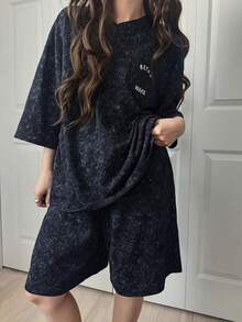 FRIFUL Women's Letter Print Drop Shoulder T-Shirt And Shorts Casual Loose 2 Pieces Set Lounge Sets For Women - Grey - View 9