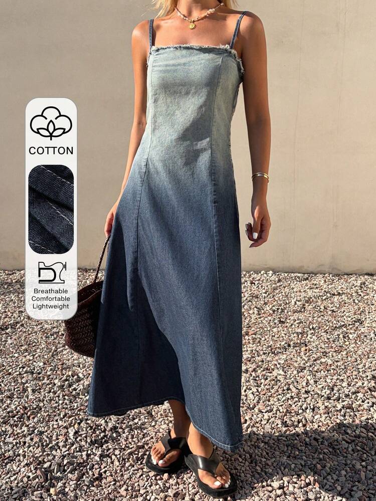 Women's Casual Washed Ombre Frayed Hem Denim Slip Dress, Summer Sun Dresses For Women
