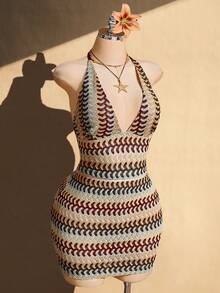 SHEIN ICON Conjunto de 2 piezas de talla grande, estilo retro Y2K: Chaleco sin espalda de punto a rayas de cuello en V y minifalda ajustado a rayas, para vacaciones de verano - Multicolor - Ver 5