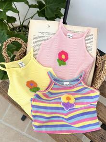 SHEIN LMoss Kids 少女碎花装饰无袖上衣，夏季时尚度假 - 彩色 - 查看 3