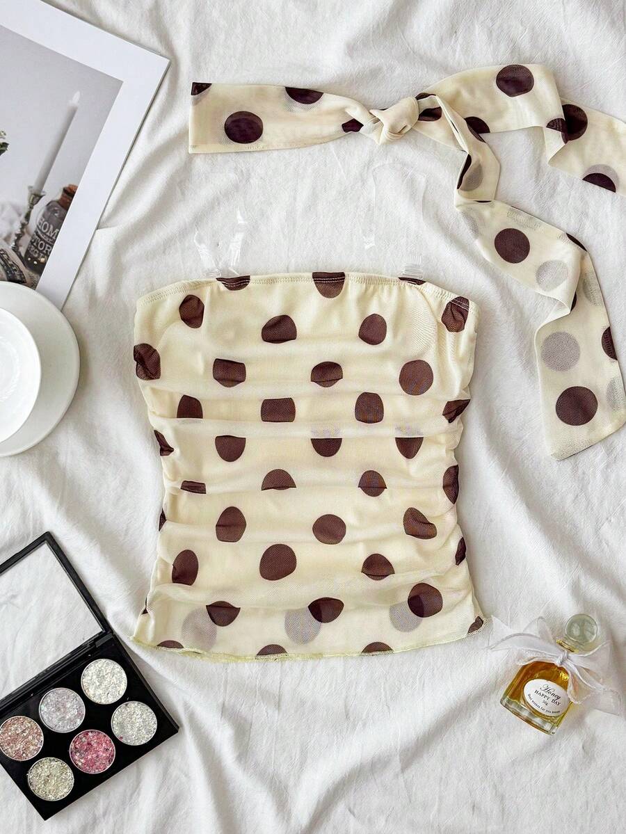 SHEIN Tween Girl Yellow Base Brown Polka Dot Ruched Bandeau Top - Yellow - View 1