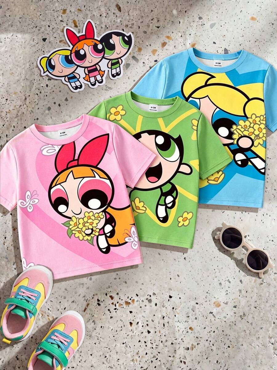 THE POWERPUFF GIRLS X SHEIN GraphicGems 女婴卡通印花圆领短袖全印花上衣 - 彩色 - 查看 1