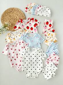 15-Piece Newborn Girl Casual Cute Knitted Striped Strawberry Print Short-Sleeve Romper And Hat Set (Cartoon Style) - Multicolor - View 5