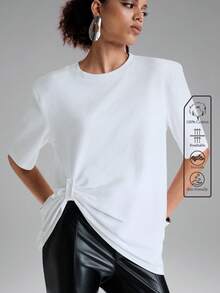 SHEIN Aveloria GENKIRA Áo dệt kim nữ cổ tròn, vạt bất đối xứng, thiết kế nhún bèo, eo thắt, dáng rộng thoải mái, màu trơn, chất liệu cotton nguyên chất, tay ngắn, đa năng, thích hợp cho mùa hè. - trắng - Xem 4