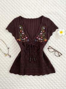 Elamini Women's Versatile Delicate Embroidered Floral & Plant Pattern Bow Tie Knit Sweater Top - Coffee Brown - View 4