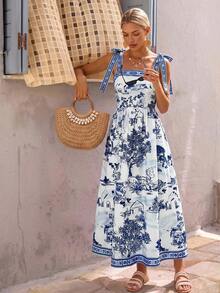 Vivid Eden Woven Printed Spaghetti Strap Dress For Women - Blue and White - View 4
