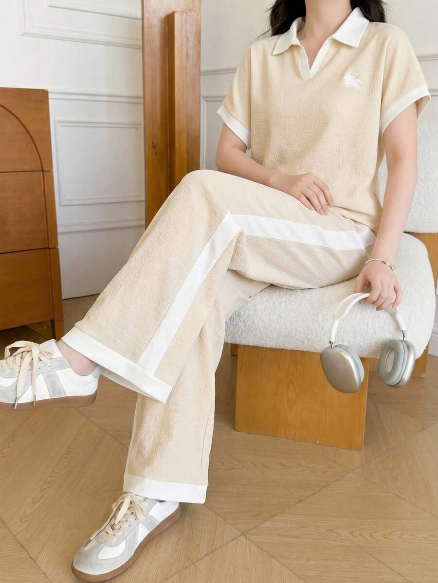 青少年女孩休閒百搭日常穿著黑白對比滾邊圓領插肩袖T恤+直筒針織長褲套裝