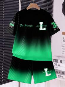 Tween Boy T-Shirt And Shorts Set, All Featuring Black And Green Gradient Design - Multicolor - View 8