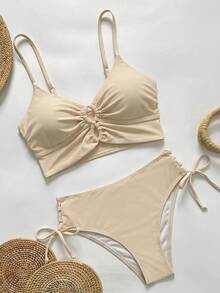 Swim Vcay Conjunto de traje de baño de mujer de unicolor con escote en V, cruzado y anudado, de cintura alta - Blanco perla - Ver 4