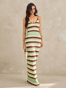 SHEIN Tall Đầm dệt kim móc mới cho nữ mùa xuân/hè, đầm nghỉ mát kiểu bohemian kẻ sọc hở lưng chéo, đầm thanh lịch dành cho quý cô. - Nhiều màu - Xem 3