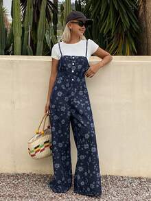 Livesso Women's Casual Ditsy Floral Washed Straight Leg Jeans, Overalls And Jumpsuits, Suitable For Spring And Summer, Vacation And Street Style - Blue - View 7