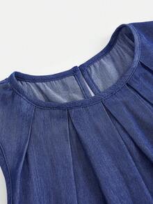 SHEIN 少女夏季荷葉邊刺繡上衣與寬鬆直筒休閒長褲套裝，適合日常穿搭、度假、校園、開學季 - 藍色 - 查看 4