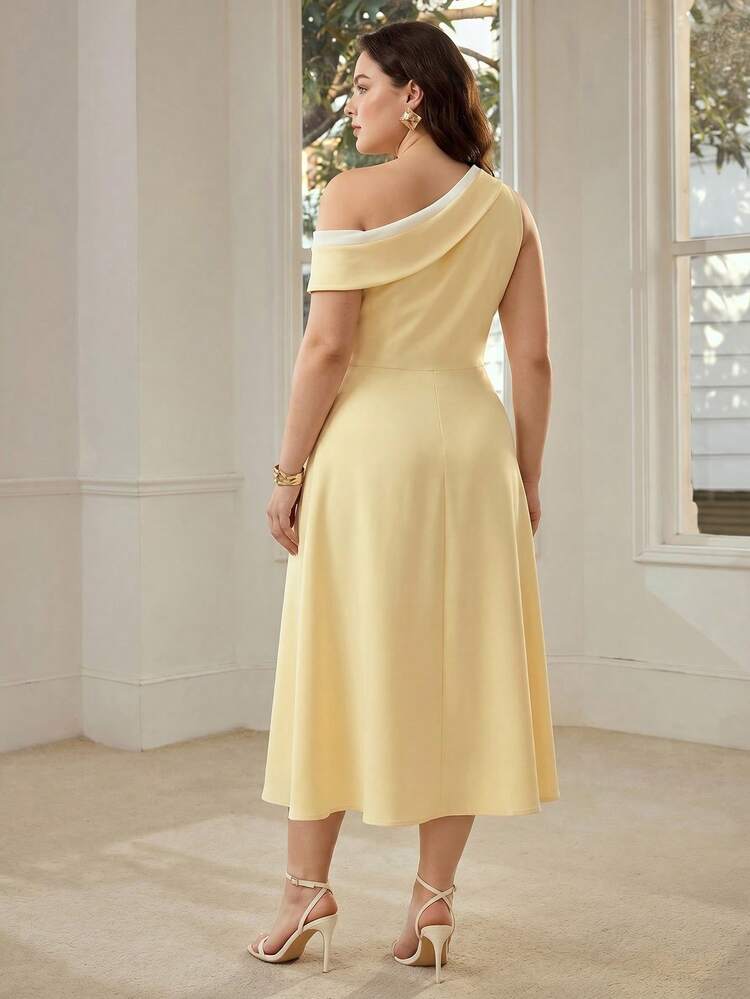 PLUS SIZE WOMEN'S CASUAL/DATE METAL BUCKLE DECOR YELLOW MID-LENGTH DRESS
