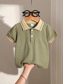 SHEIN Vintaside Kids 嬰兒男童鼠尾草綠華夫格 Polo 衫 夏季休閒短袖半開襟上衣 復古返校職業日穿搭 幼童服飾 6M-3T - 軍綠色 - 查看 7