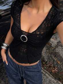 FavEase Black Lace Round Neck V-Neck Waist Short Sleeve T-Shirt For Women - Black - View 5