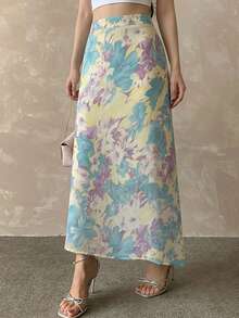DAZY Women's Elegant Chiffon Printed Ruffle Hem Skirt Summer - Blue - View 5