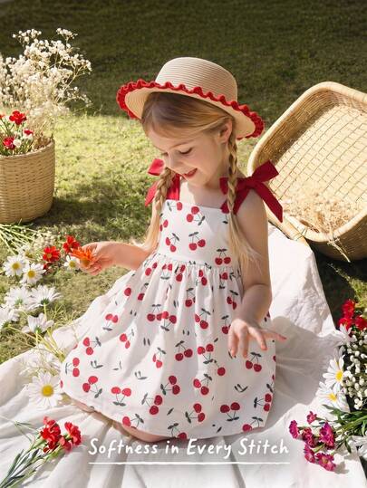Cozy Pixies Ärmellose Kleid für Kleine Mädchen, Kirschprint Farbblock Kleid mit Schleifenträgern, plissierter Saum, A-Linie Silhouette, süß, ländlich, nordischer Stil, geeignet für Baby Mädchen, Frühlings-/Sommerausflüge, Frühlingsreisen, Urlaub
