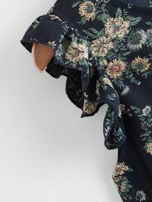SHEIN LUNE Ruffle Armhole Floral Top,Casual - Navy Blue - View 3