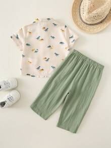SHEIN Bộ 2 món áo sơ mi cổ đứng và quần dài màu xanh lá cây cho bé trai, thích hợp mặc đi nghỉ mát mùa hè. - Nhiều màu - Xem 2