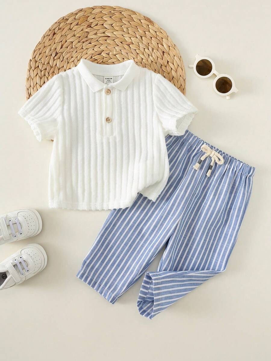 SHEIN 男婴夏季休闲白色 Polo 衫和蓝色条纹裤两件套 - 彩色 - 查看 1