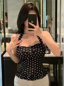 DAZY Áo hai dây nữ màu đen chấm bi trắng, hở lưng, dây mảnh, thích hợp cho các lễ hội âm nhạc, ngày Valentine, đám cưới, mặc thường ngày, đi nghỉ mát ở bãi biển, dáng ngắn với viền bèo nhún. - màu đen - Xem 8