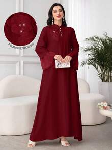 Al Najma 拼接装饰立领网纱拼接宽松长袖女式连衣裙 - 酒紅色 - 查看 7
